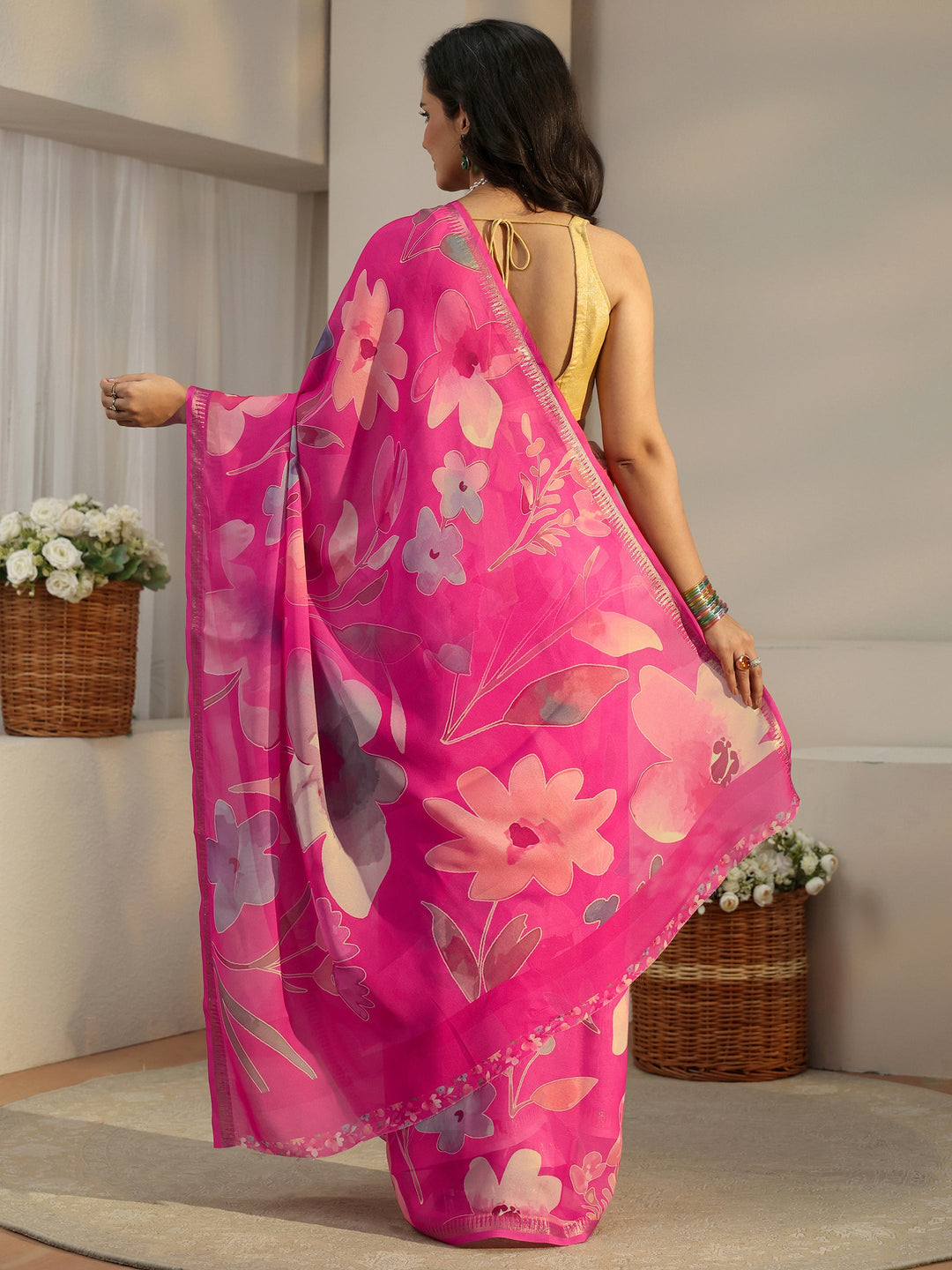  Libas Fuchsia Pink Floral Printed Silk Blend Saree 