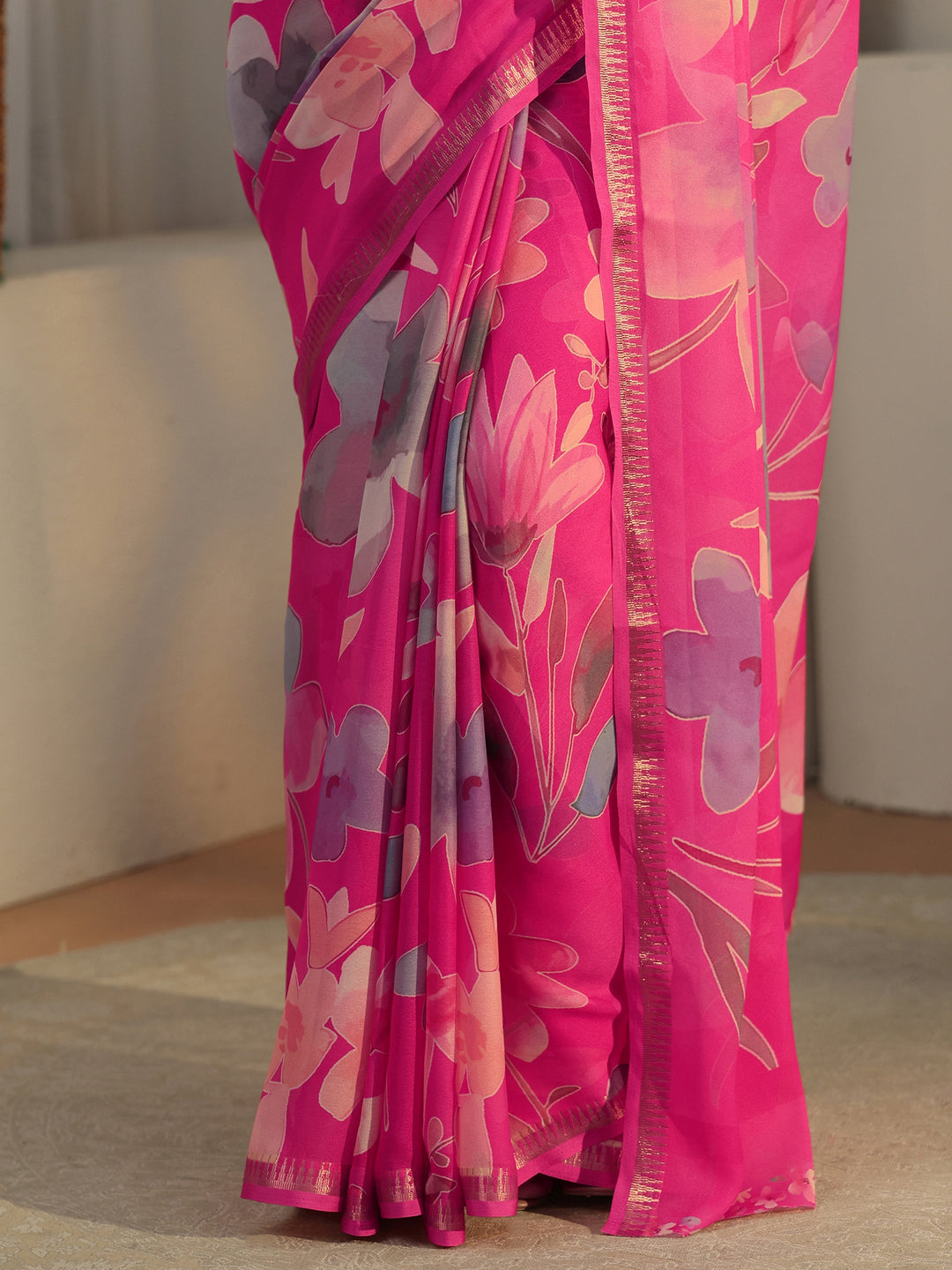 Libas Fuchsia Pink Floral Printed Silk Blend Saree 