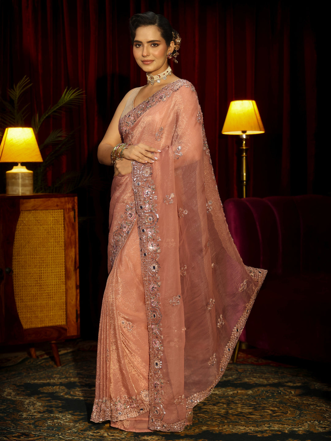  Libas Art Peach Pink Floral Embellished Organza Saree 