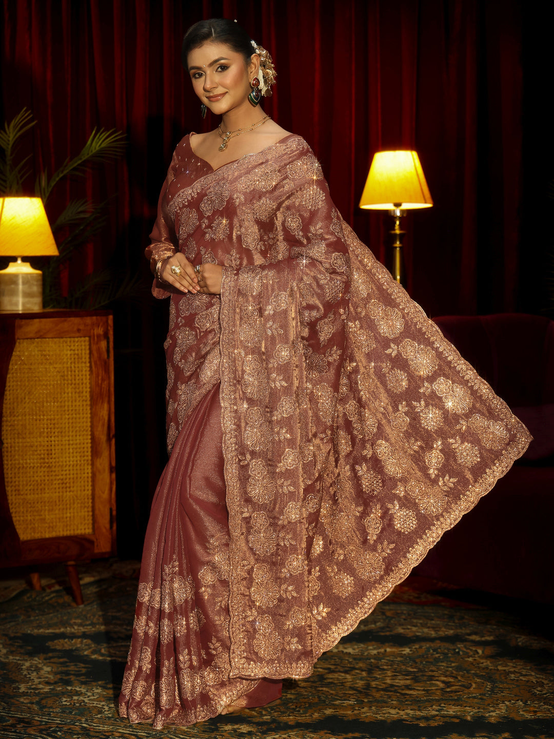  Libas Art Mauve Stone Work Embellished Tissue Saree 