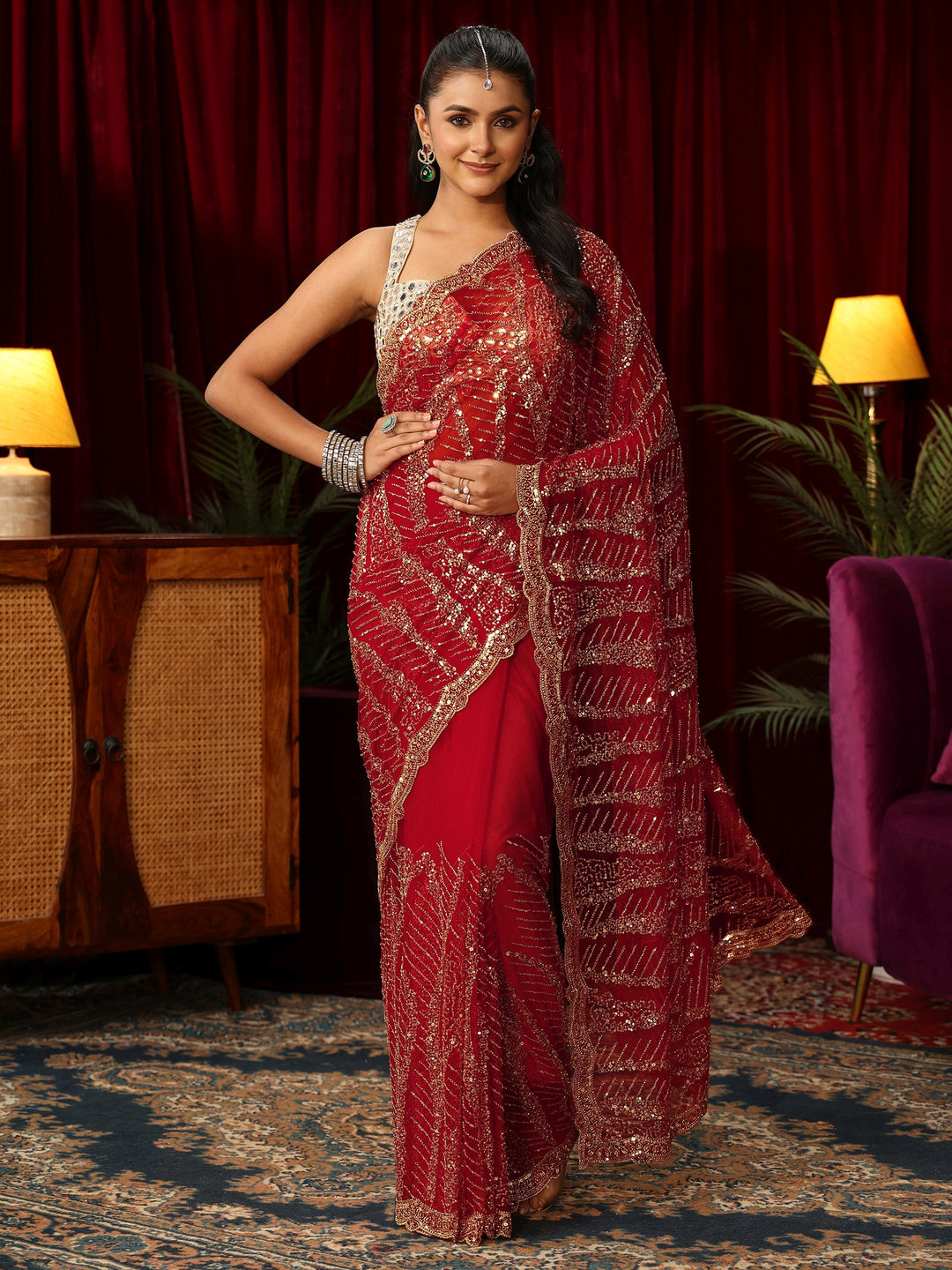  Libas Art Red Sequin Embellished Net Saree 