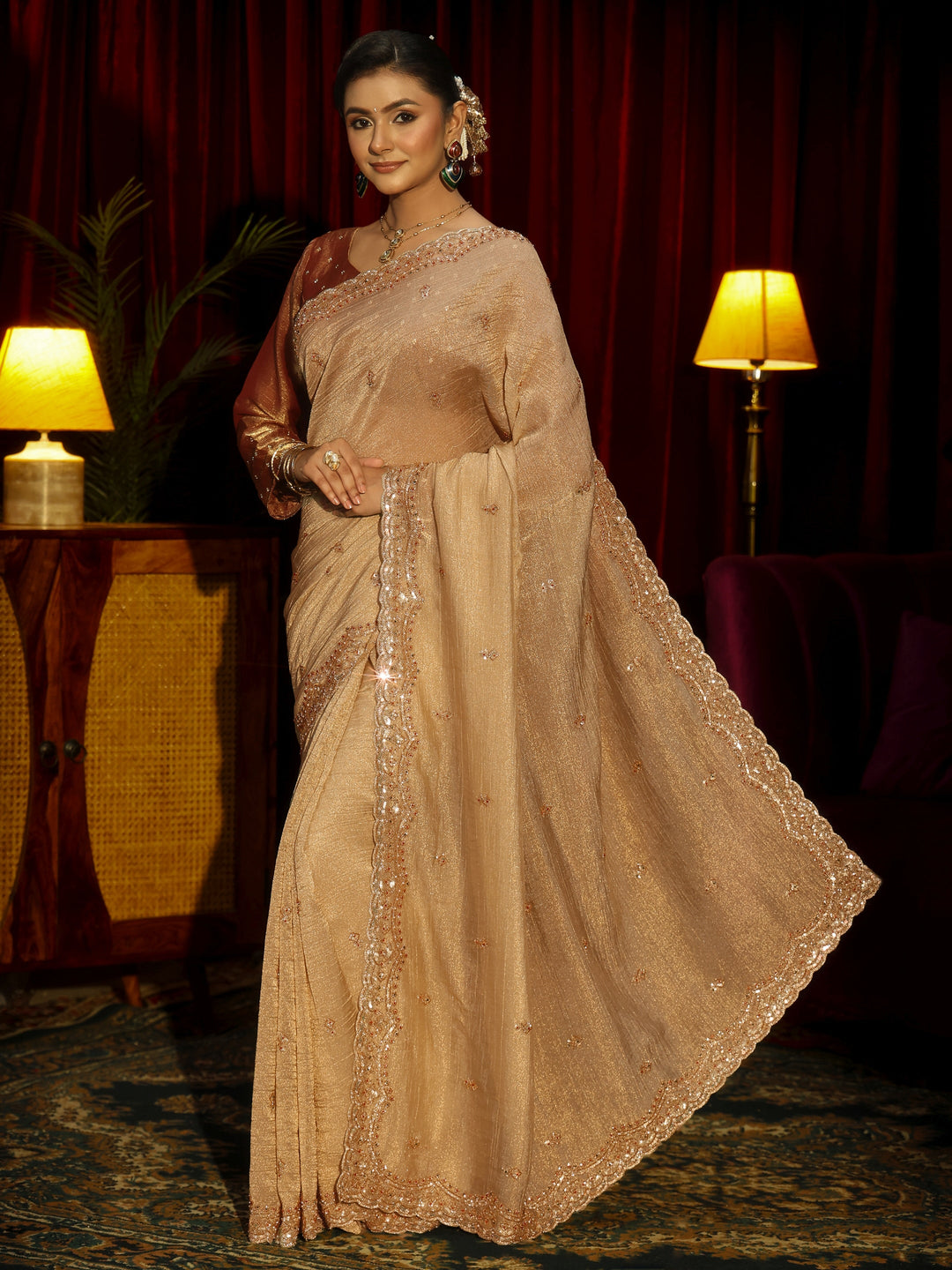  Libas Art Beige Tissue Saree with Embellished Border 