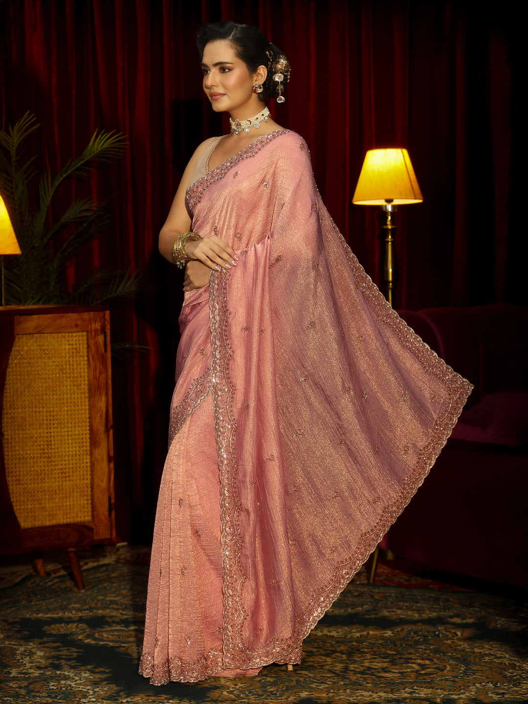  Libas Art Pink Tissue Saree with Embellished Border 