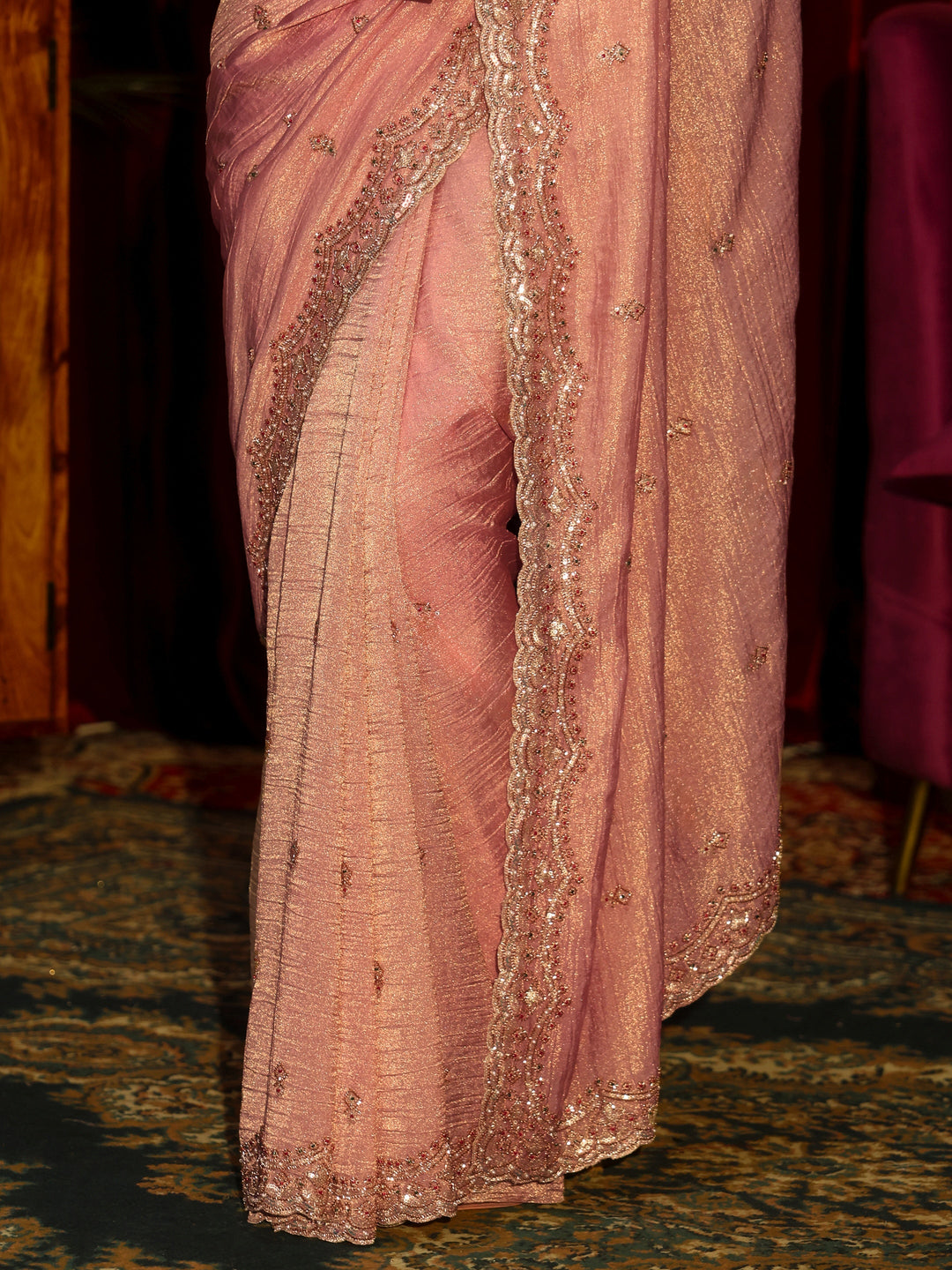  Libas Art Pink Tissue Saree with Embellished Border 