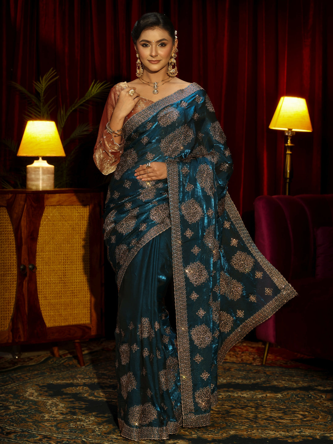  Libas Art Peacock Blue Stone Work Embellished Tissue Saree 