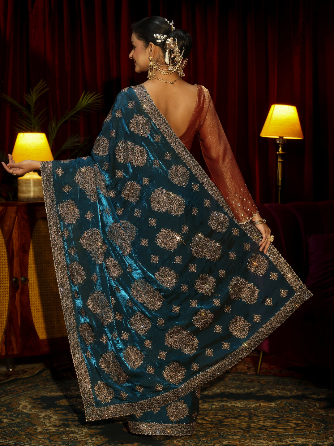  Libas Art Peacock Blue Stone Work Embellished Tissue Saree 