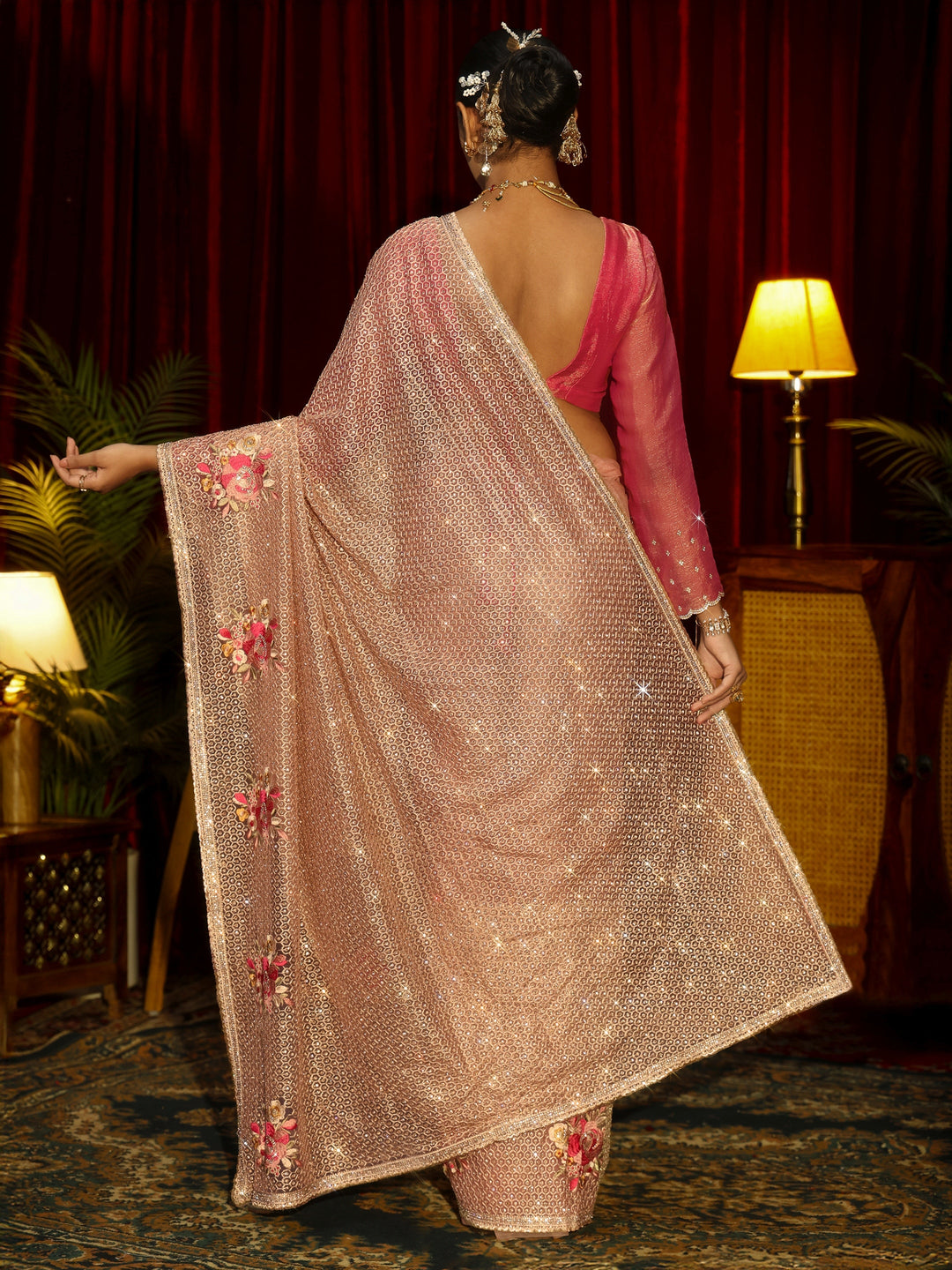  Libas Art Pink Floral Embellished Net Saree 