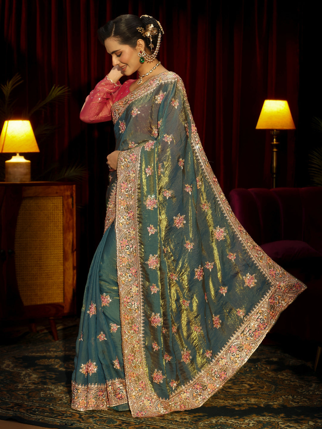  Libas Art Green Floral Embroidered Tissue Saree 