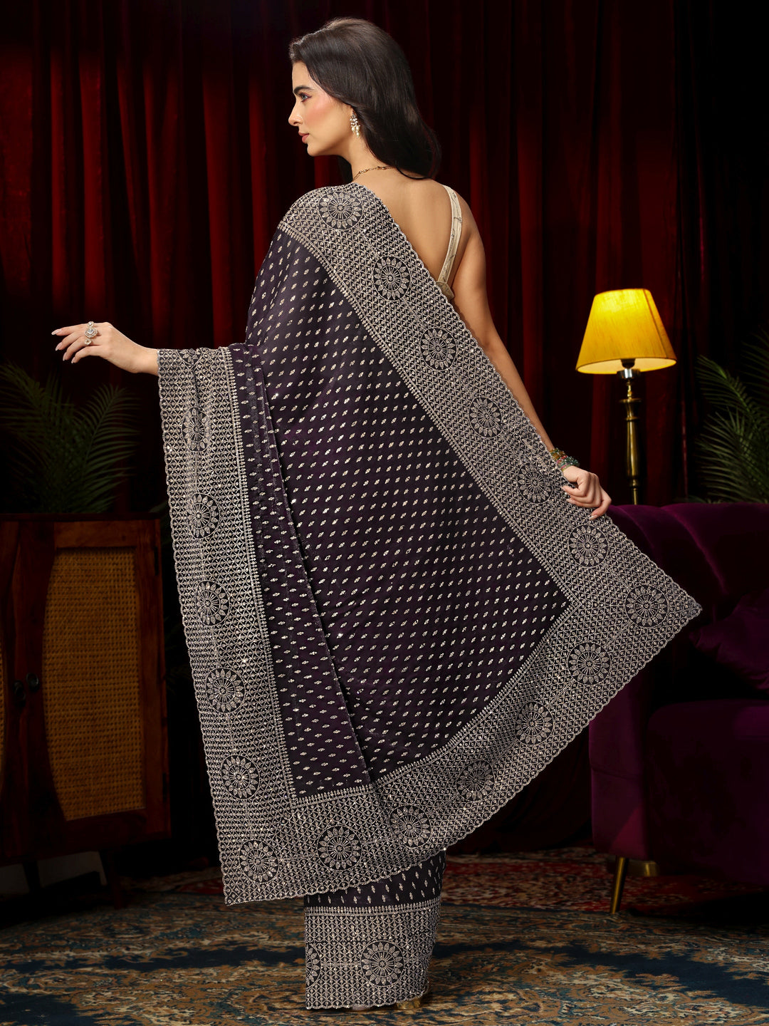 Libas Art Purple Stone Work Embellished Tissue Saree 