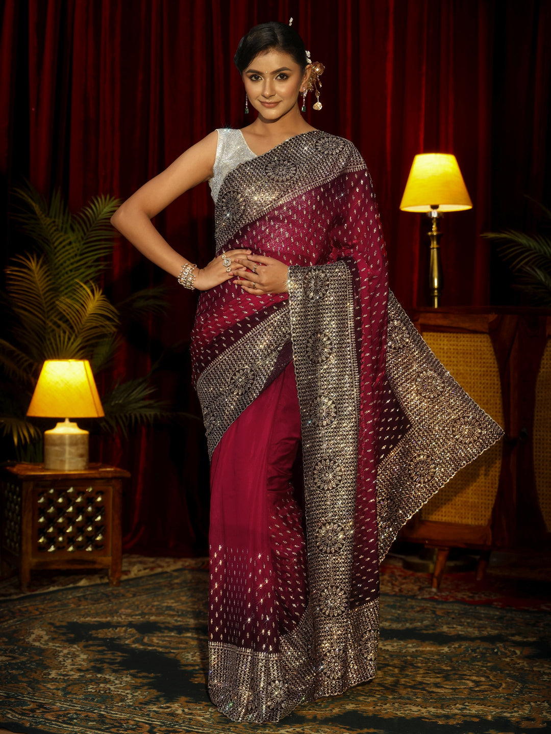  Libas Art Maroon Embellished Tissue Saree 