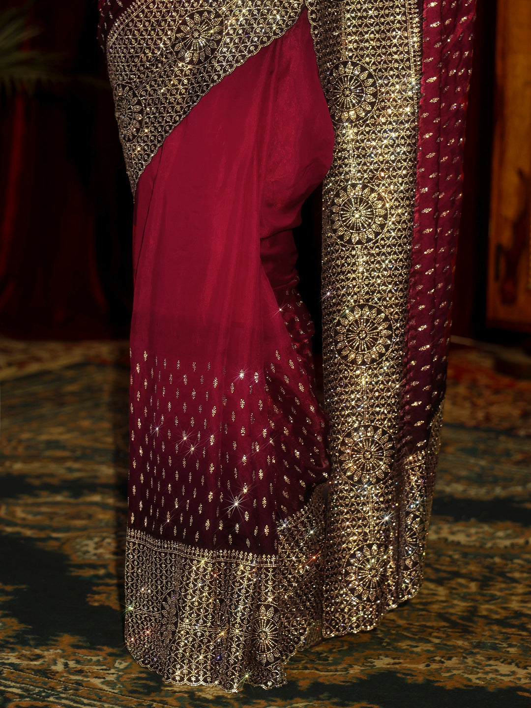  Libas Art Maroon Embellished Tissue Saree 