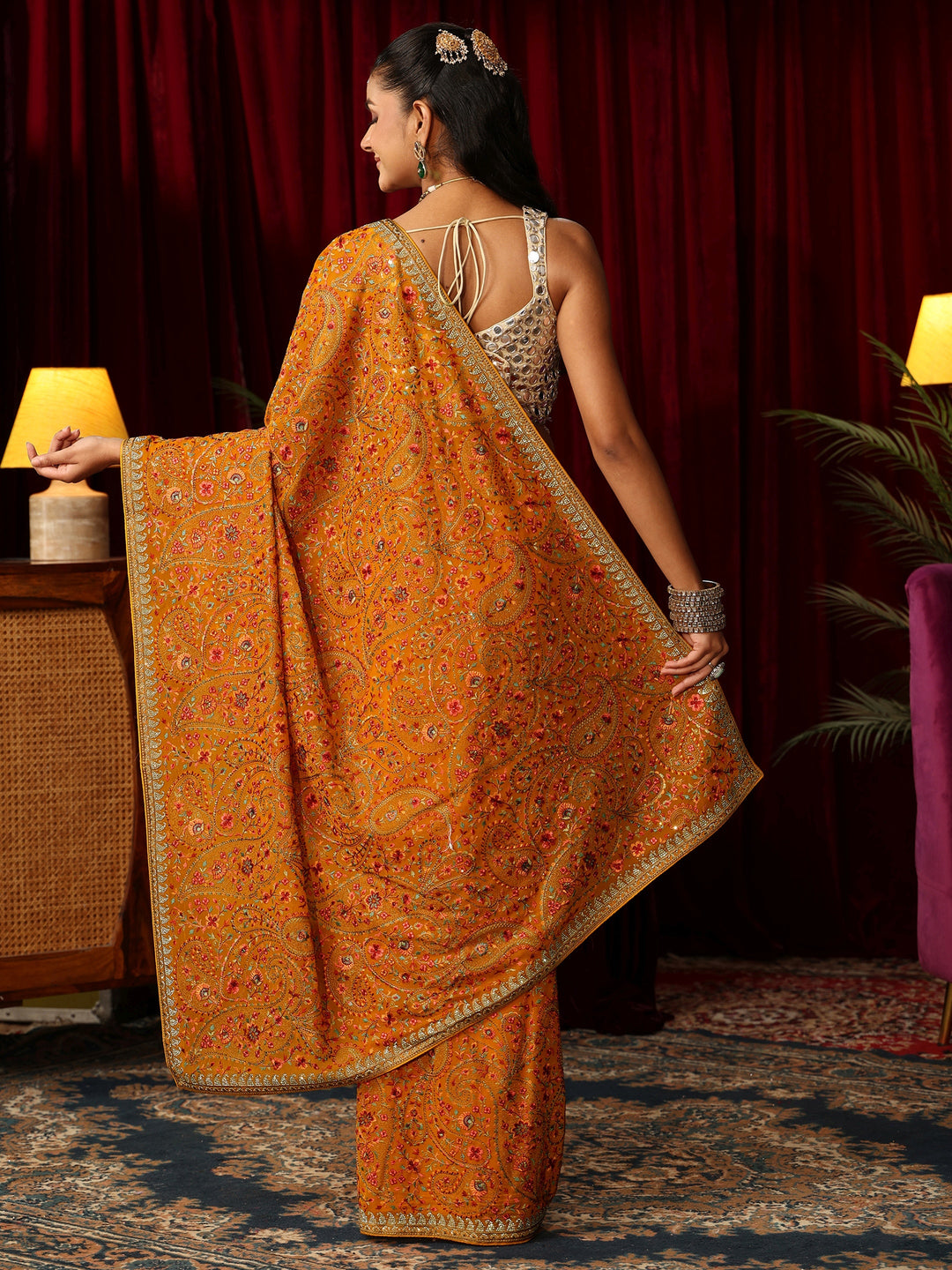  Libas Art Orange Paisley Embroidered Georgette Saree 