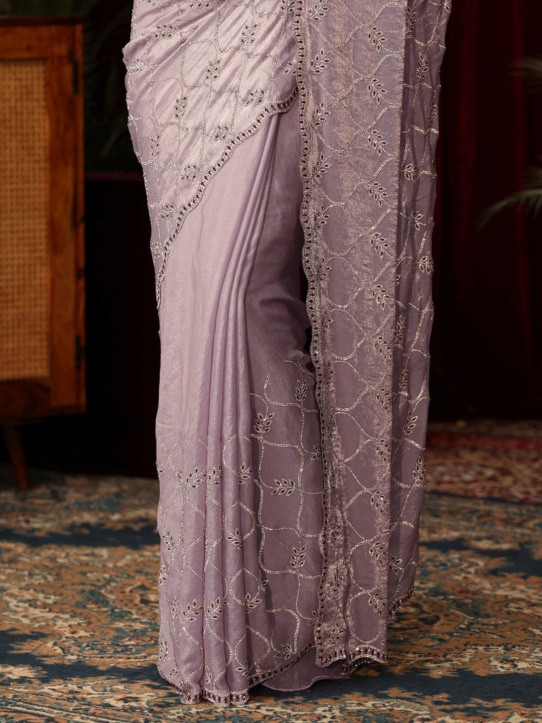  Libas Art Lavender Stone Work Embellished Jaal Pattern Tissue Saree 