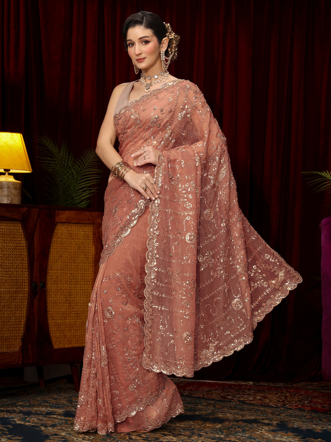  Libas Art Peach Pink Sequin Embellished Tissue Saree 