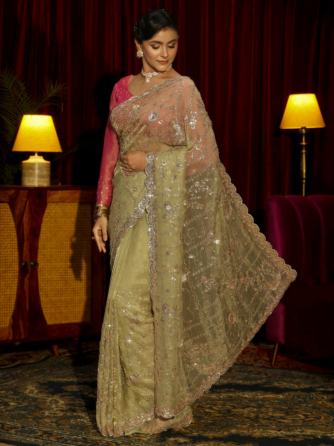  Libas Art Sage Green Embellished Tissue Saree 