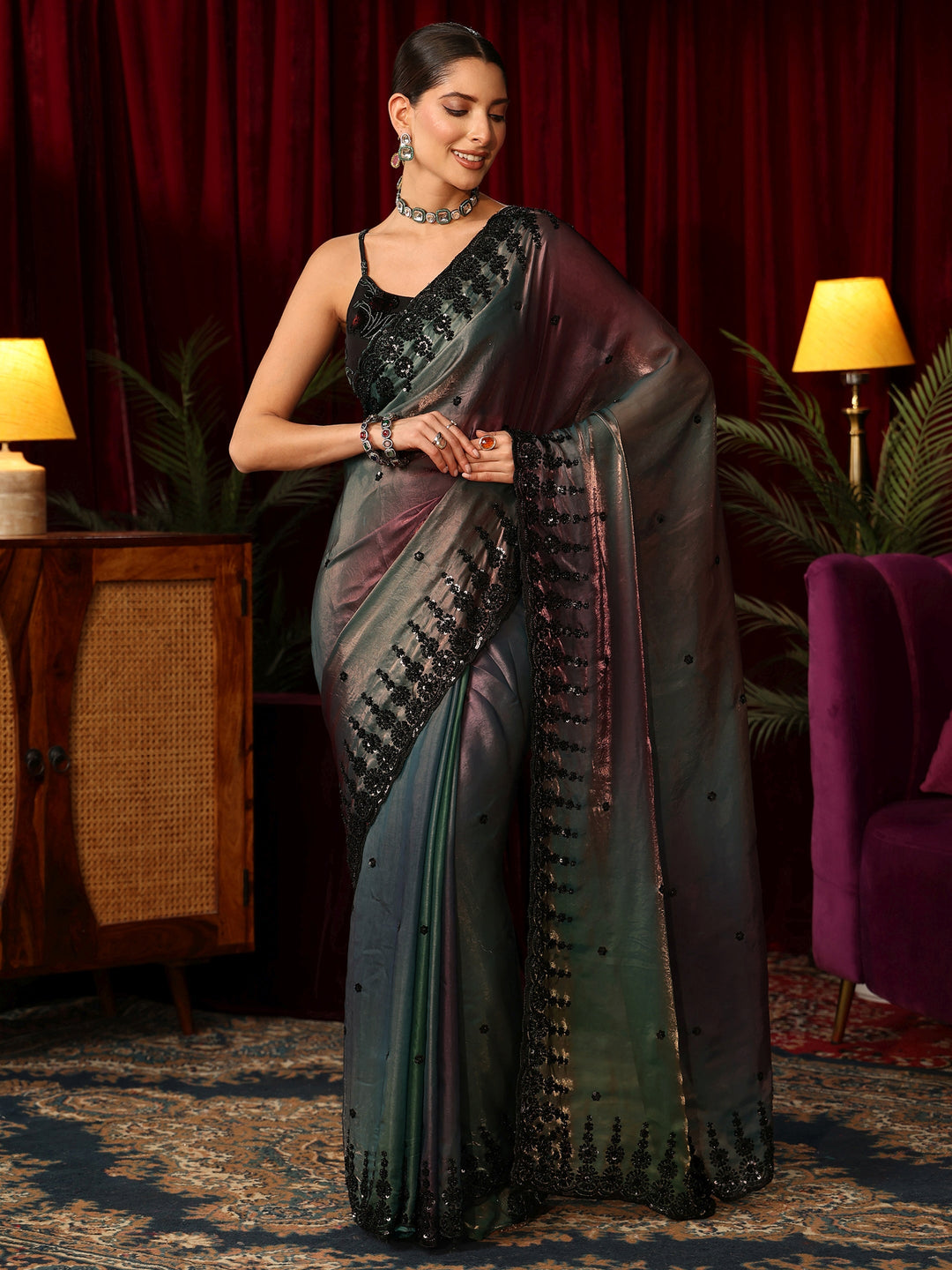  Libas Art Ombre Peacock Blue Tissue Saree with Sequin Embellished Border 
