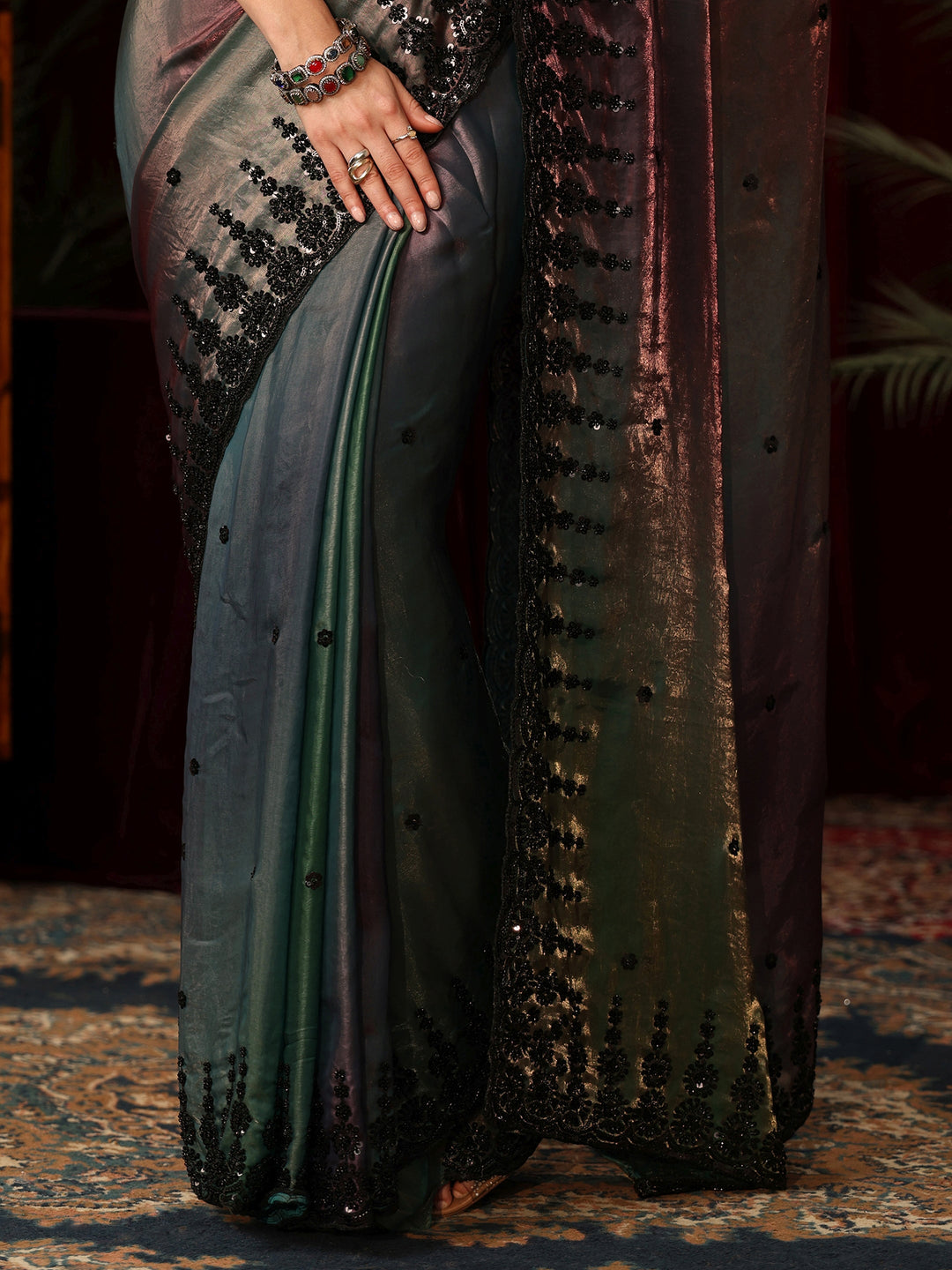  Libas Art Ombre Peacock Blue Tissue Saree with Sequin Embellished Border 