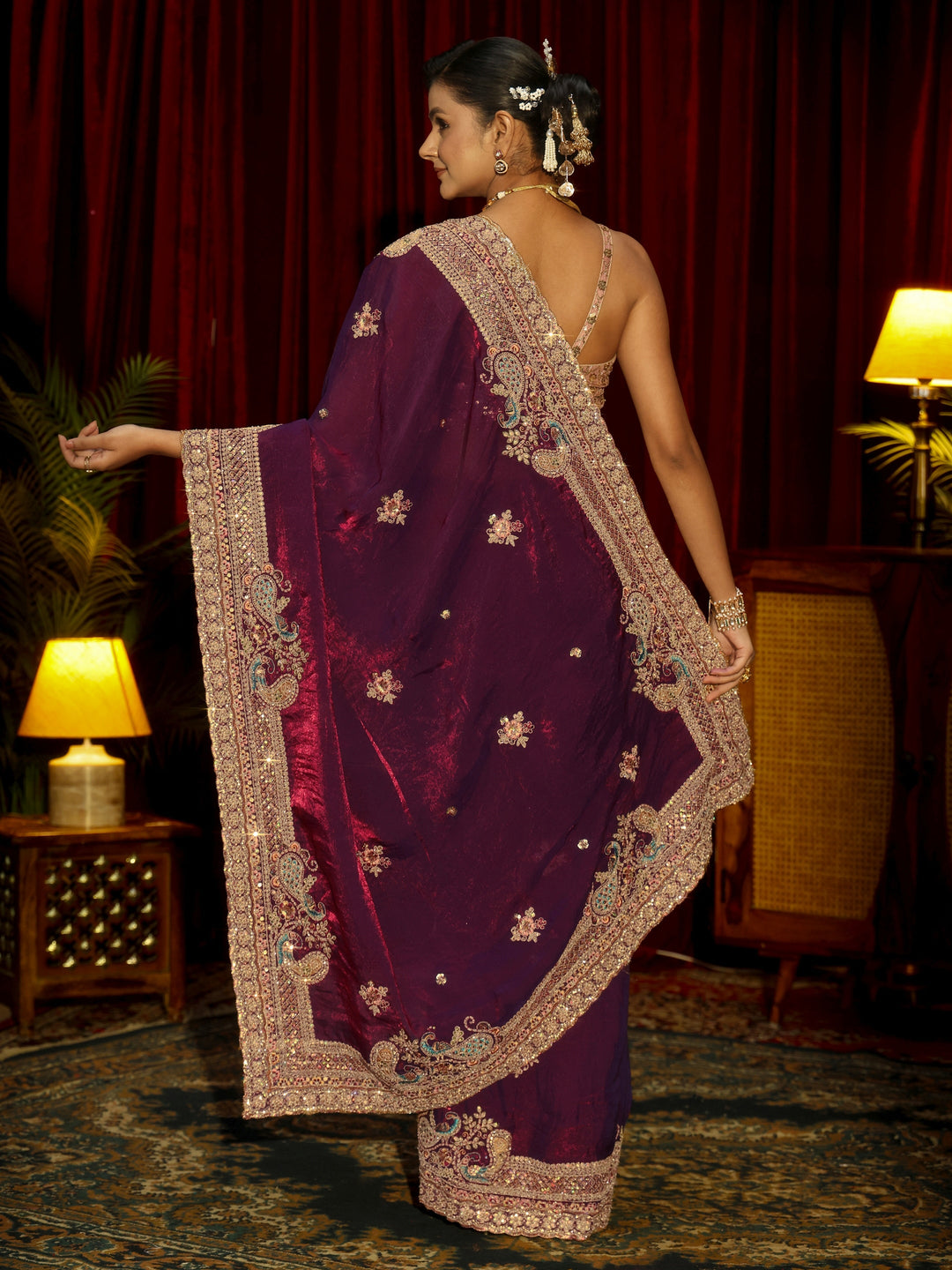  Libas Art Burgundy Sequin Tissue Saree with Embellished Border 