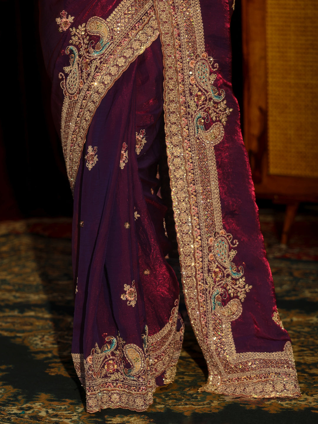  Libas Art Burgundy Sequin Tissue Saree with Embellished Border 