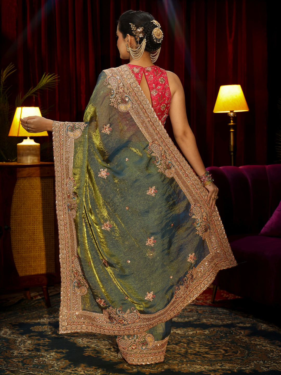  Libas Art Forest Green Sequin Tissue Saree with Embellished Border 