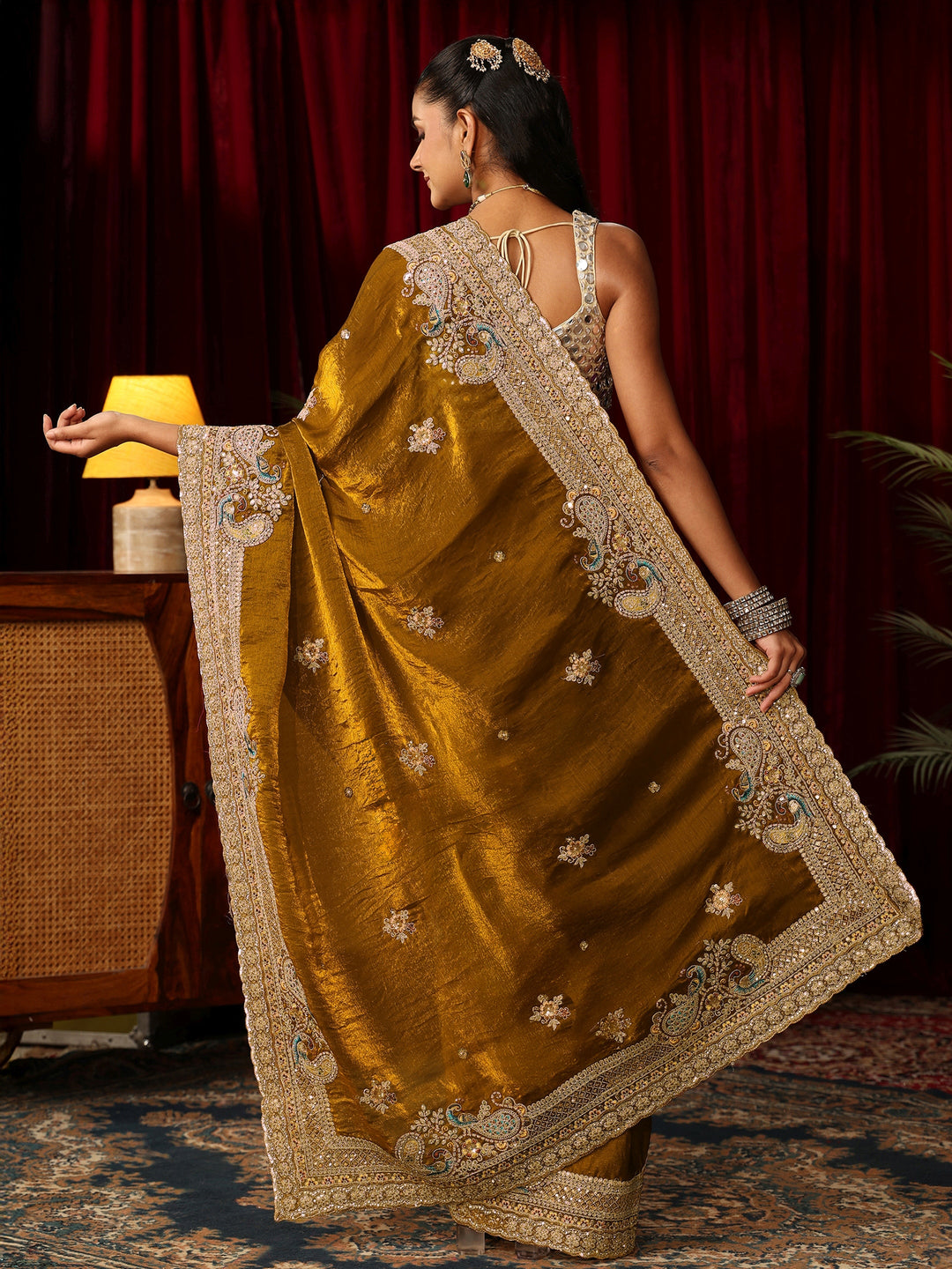  Libas Art Golden Mustard Tissue Saree with Embellished Peacock Border 
