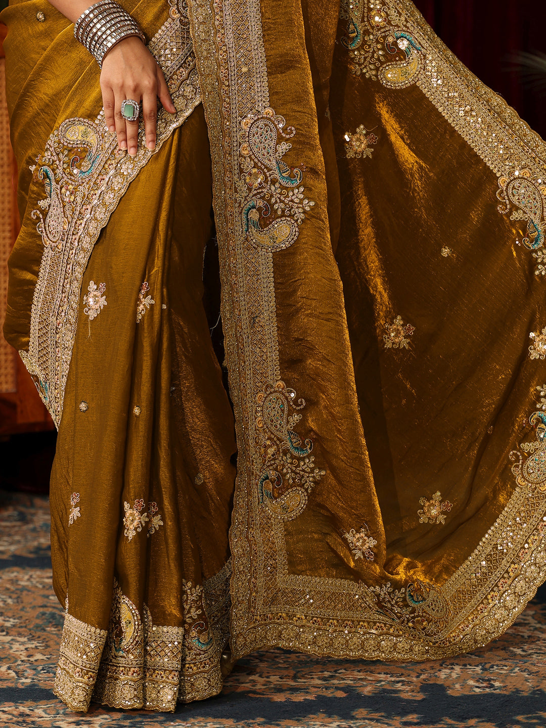  Libas Art Golden Mustard Tissue Saree with Embellished Peacock Border 