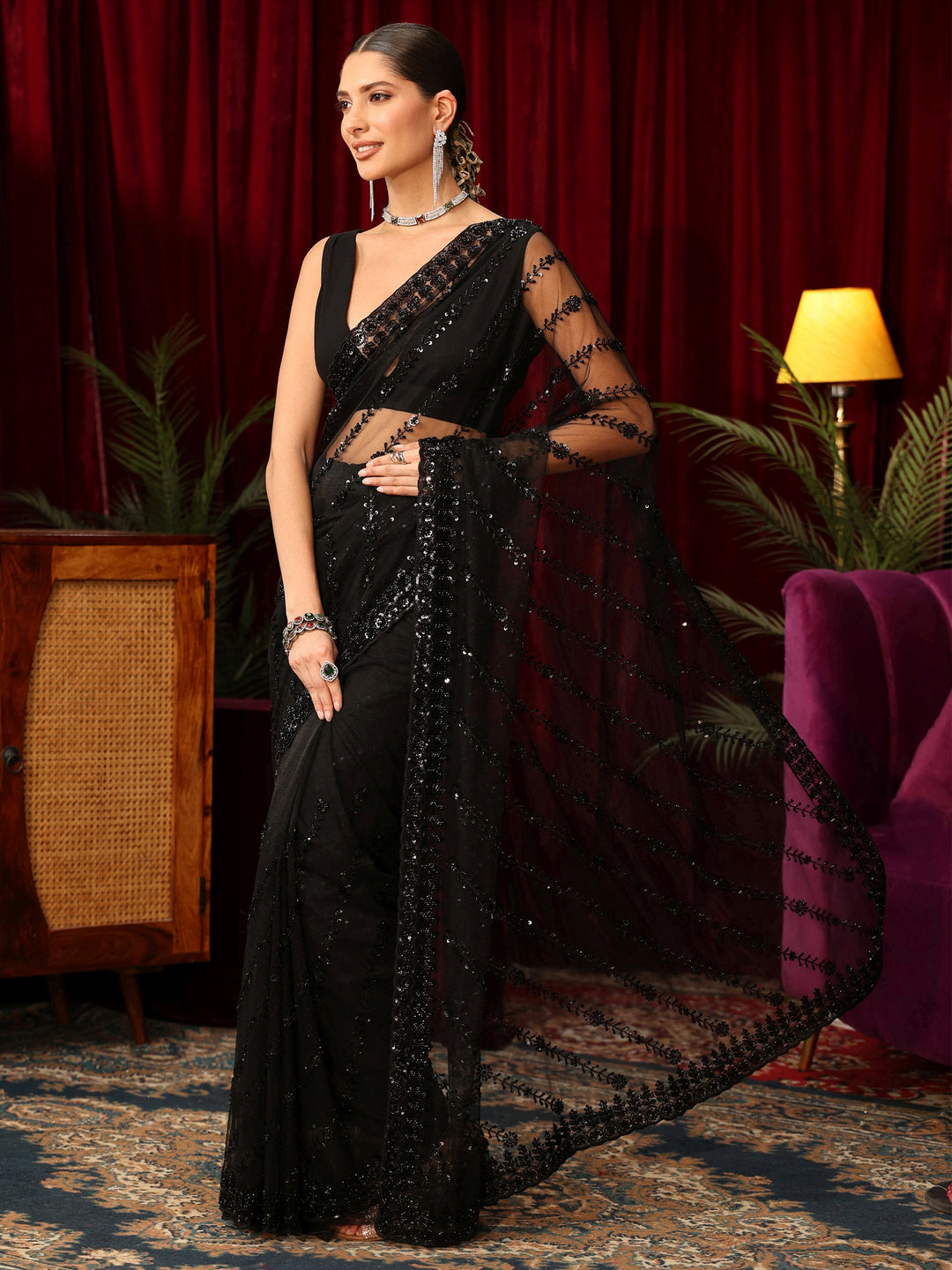  Libas Art Black Sequin Embellished Net Saree 