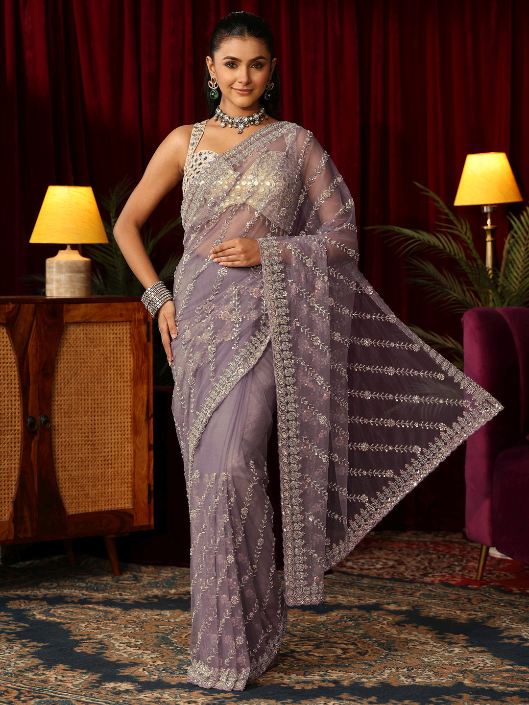  Libas Art Lavender Sequin Embellished Net Saree 
