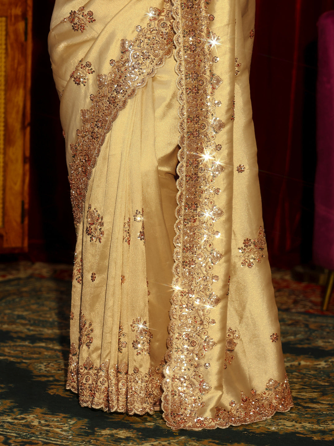  Libas Art Green Floral Sequins Embellished Tissue Saree 