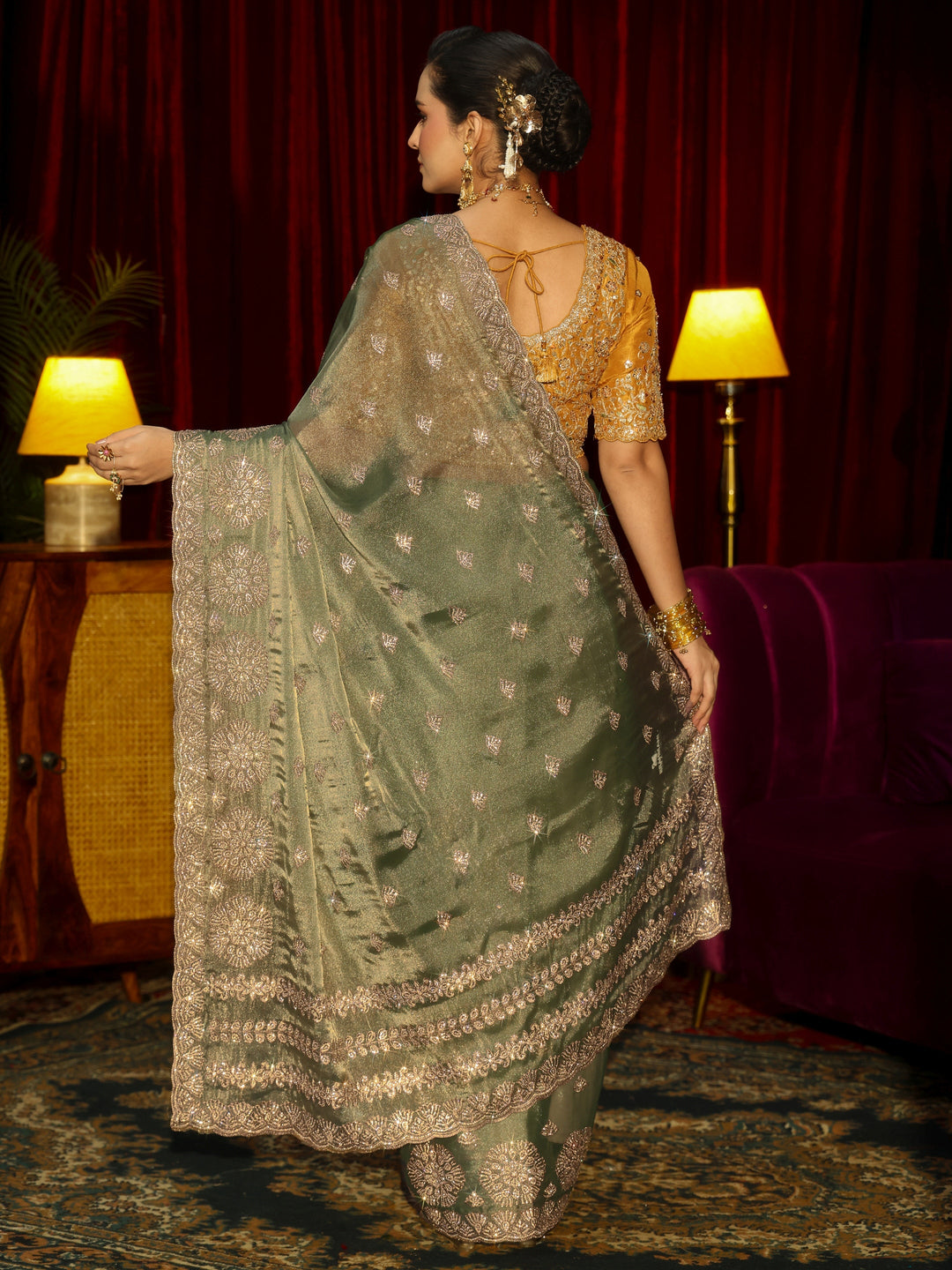  Libas Art Olive Green Floral Embellished Tissue Saree 