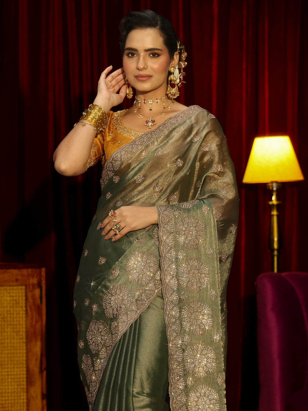  Libas Art Olive Green Floral Embellished Tissue Saree 