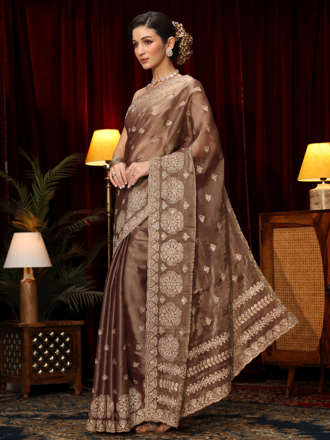  Libas Art Mauve Stone Work Embellished Tissue Saree 
