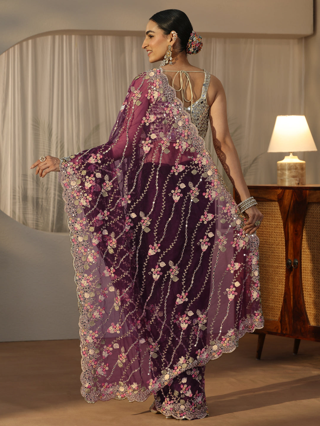  Libas Art Burgundy Floral Embellished Net Saree 