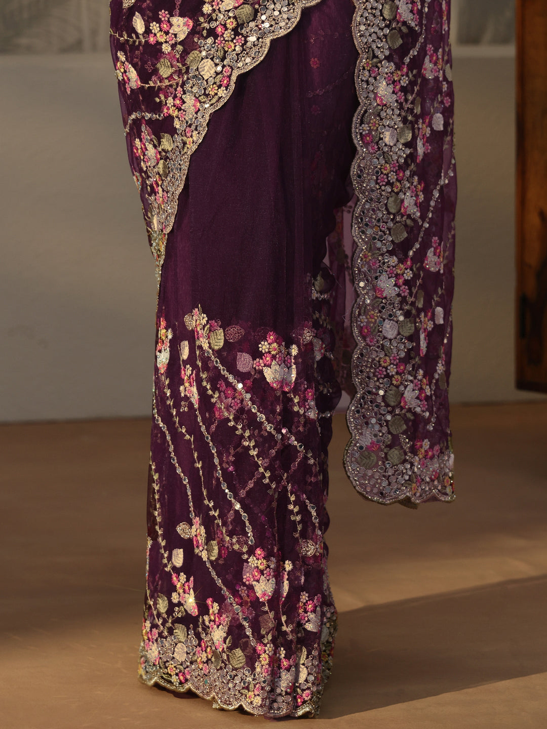  Libas Art Burgundy Floral Embellished Net Saree 