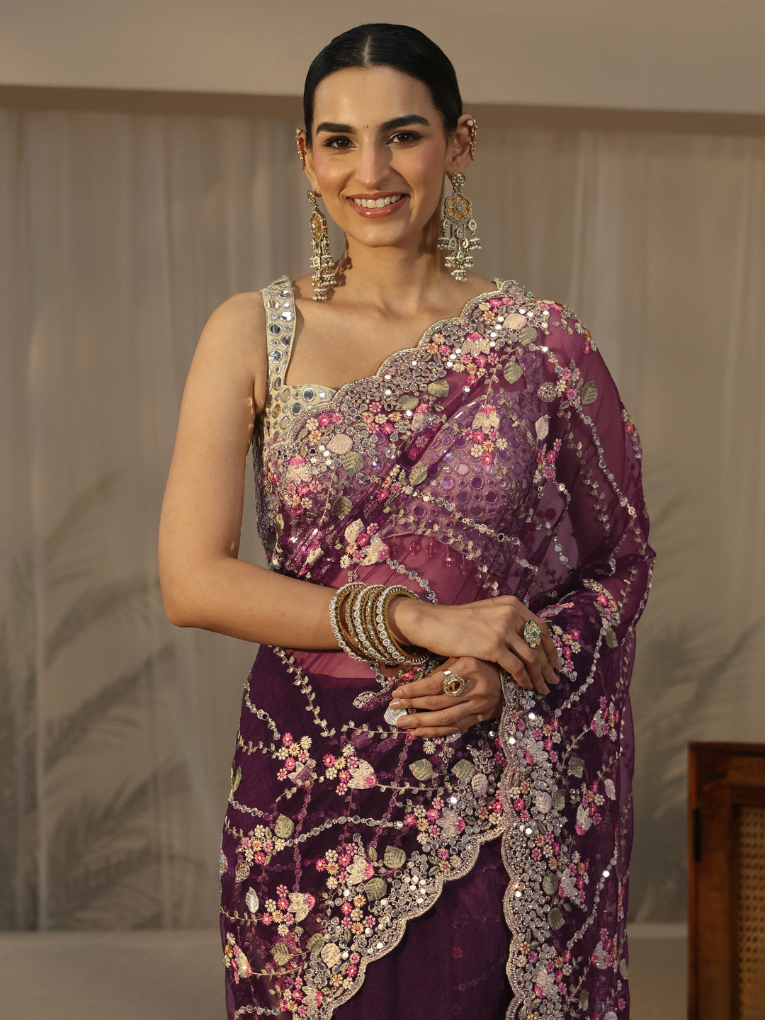  Libas Art Burgundy Floral Embellished Net Saree 
