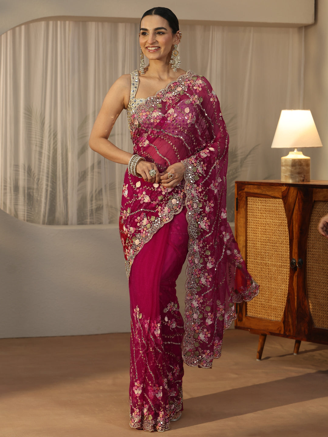  Libas Art Fuchsia Pink Floral Embellished Net Saree 