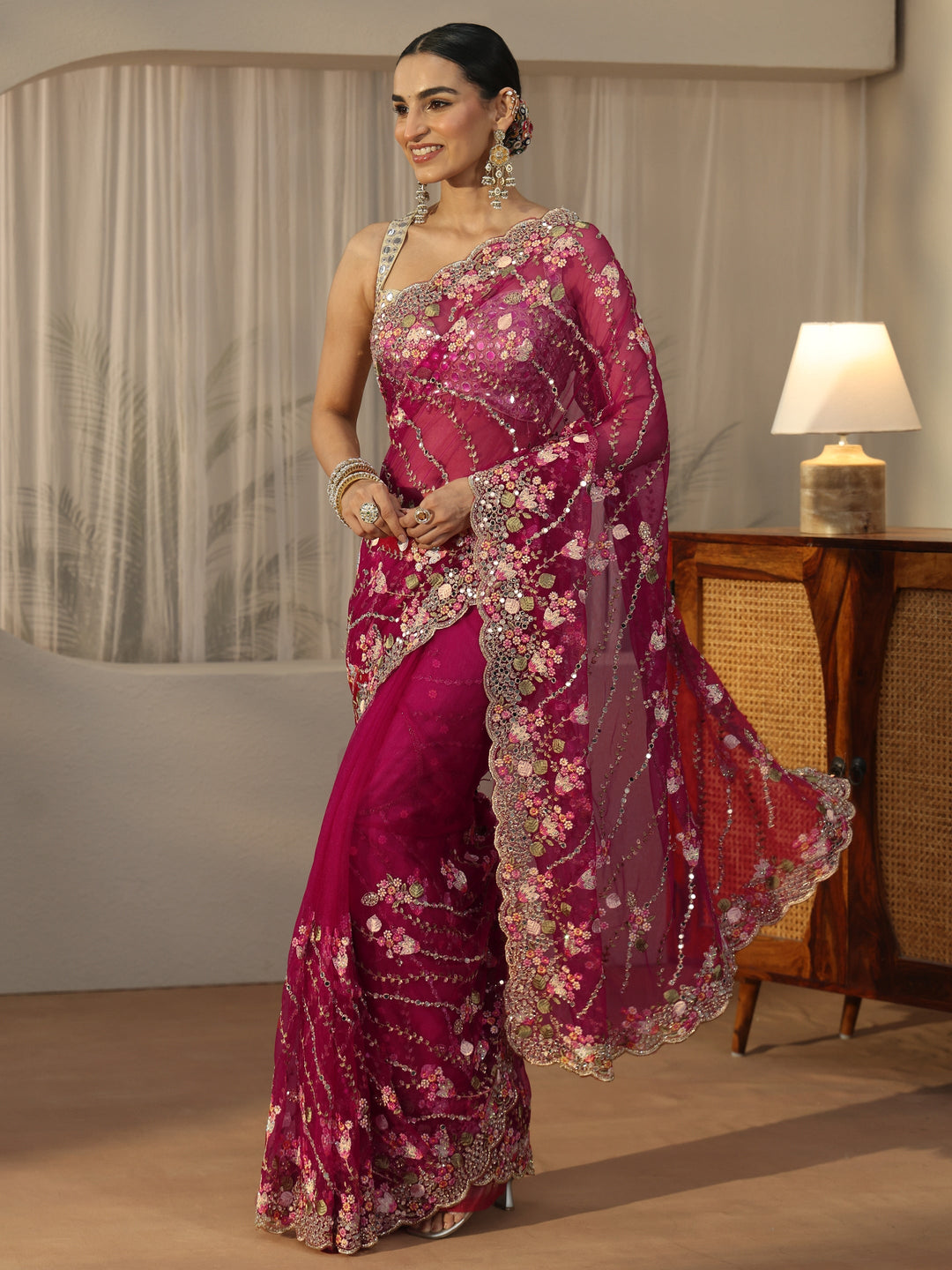 Libas Art Fuchsia Pink Floral Embellished Net Saree 