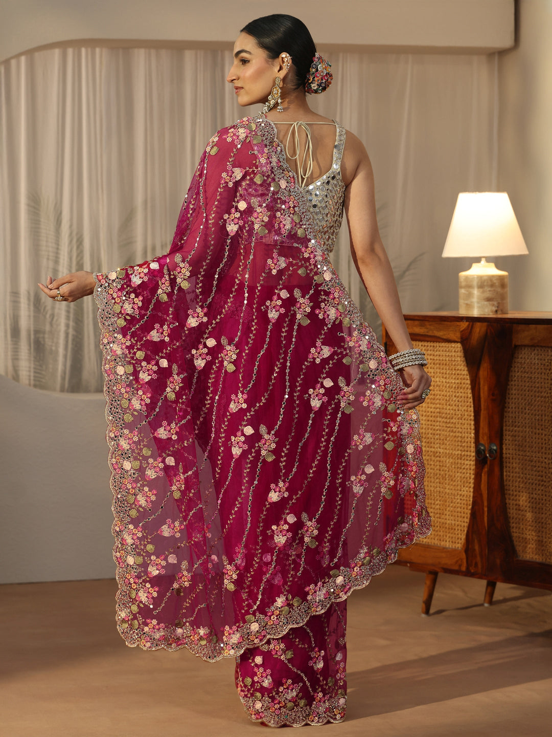  Libas Art Fuchsia Pink Floral Embellished Net Saree 