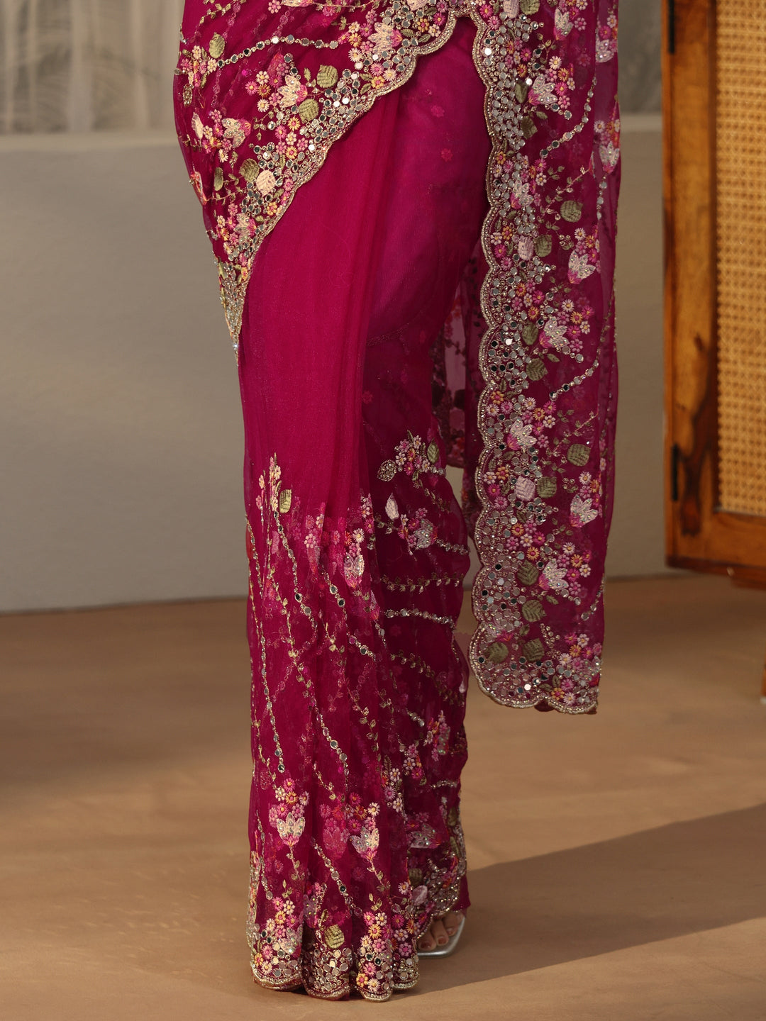  Libas Art Fuchsia Pink Floral Embellished Net Saree 