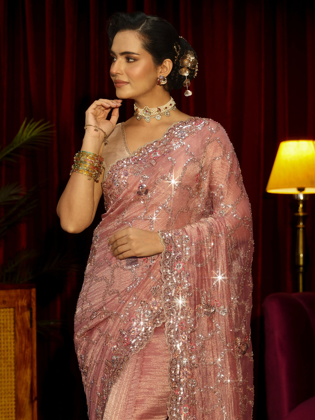  Libas Art Dusty Rose Pink Embellished Tissue Saree 