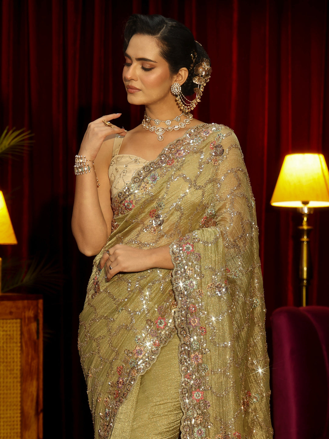  Libas Art Pista Green Embellished Tissue Saree 