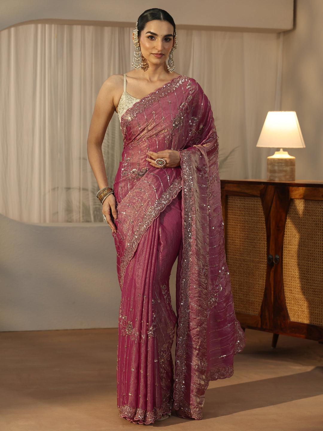  Libas Art Dusty Rose Pink Embellished Tissue Saree 