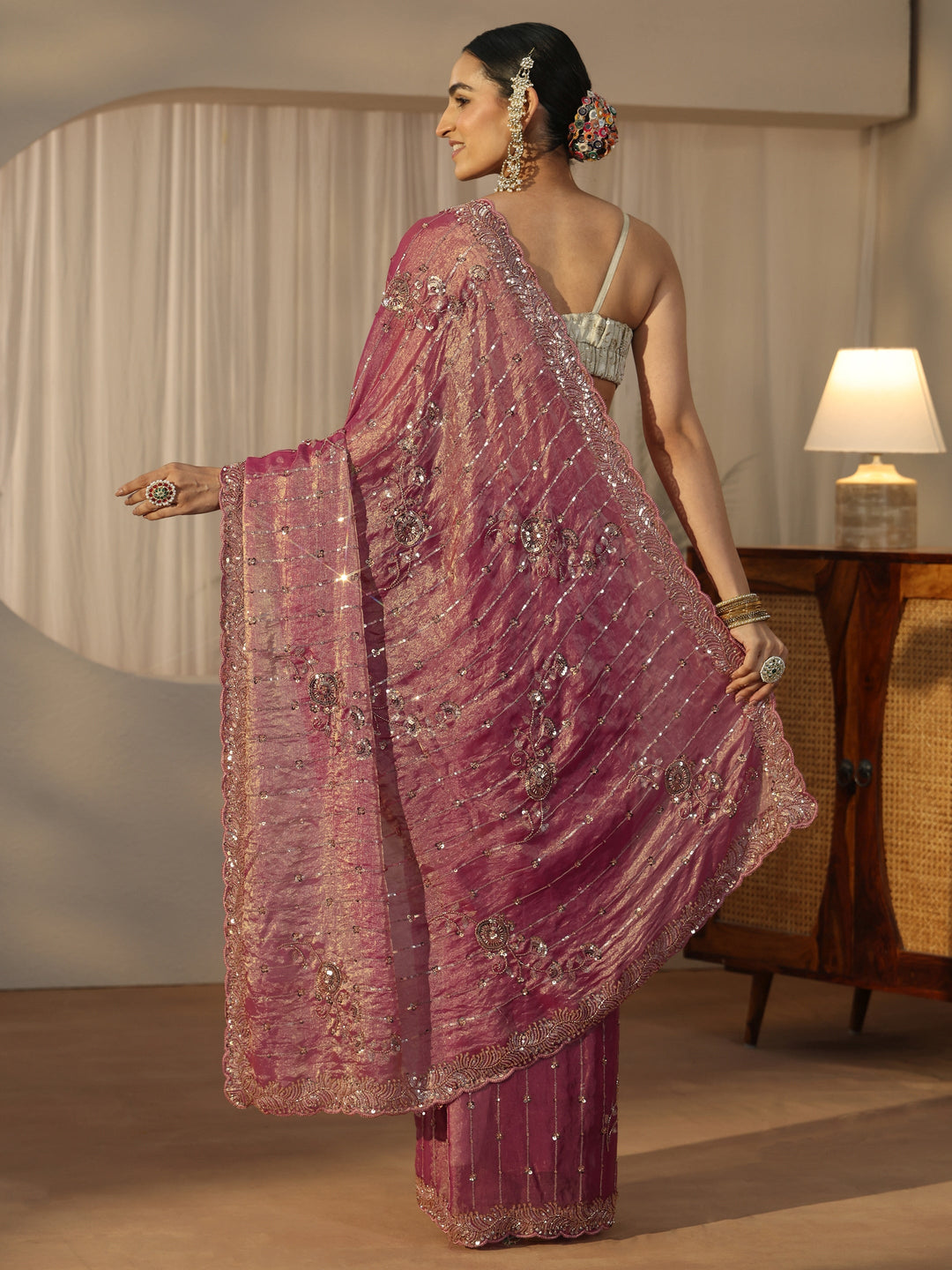 Libas Art Dusty Rose Pink Embellished Tissue Saree 