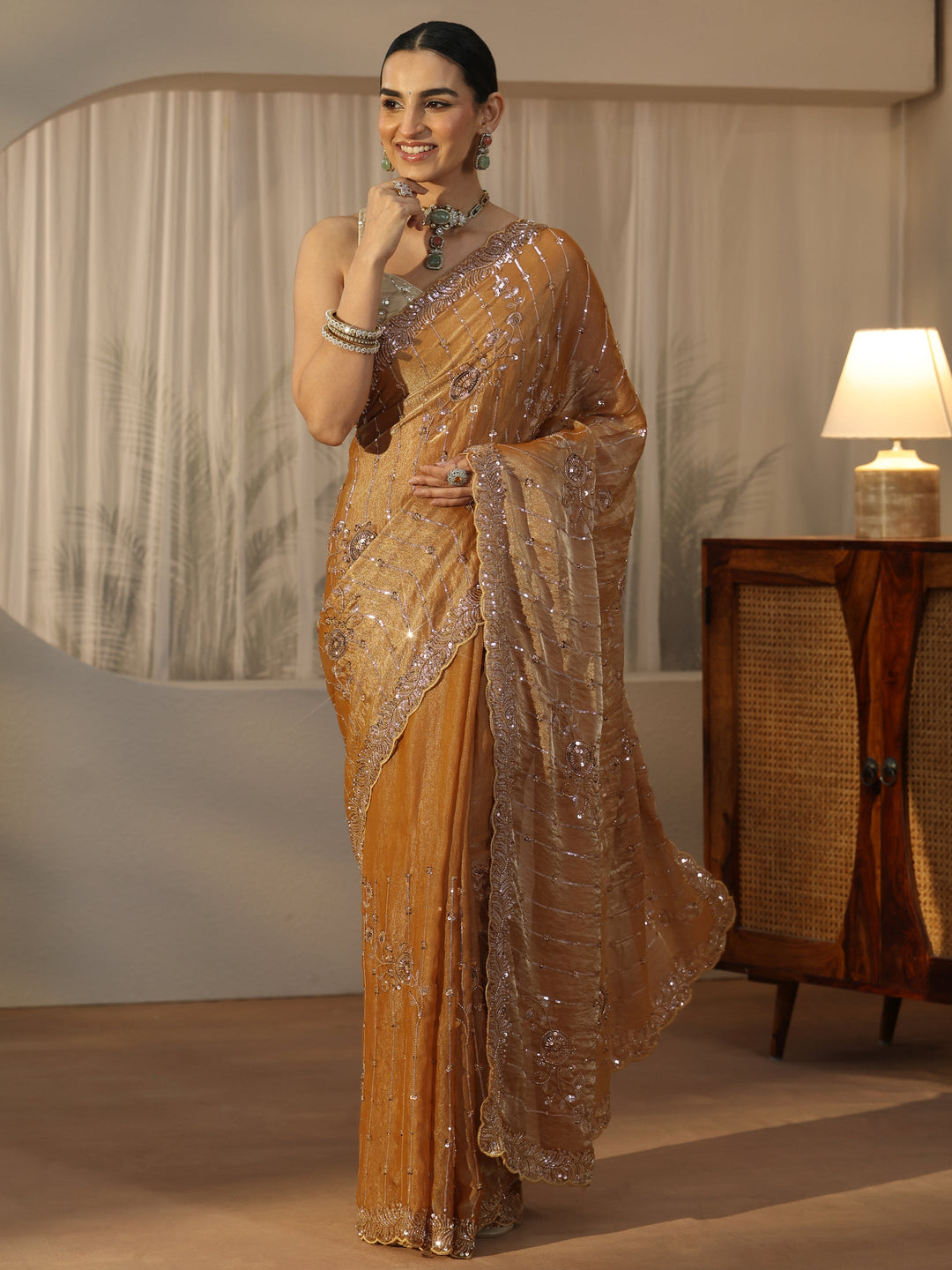  Libas Art Mustard Embellished Tissue Saree 