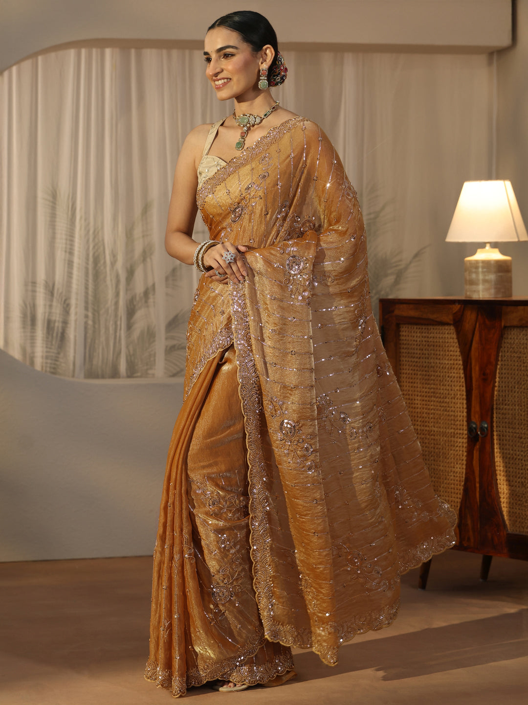  Libas Art Mustard Embellished Tissue Saree 