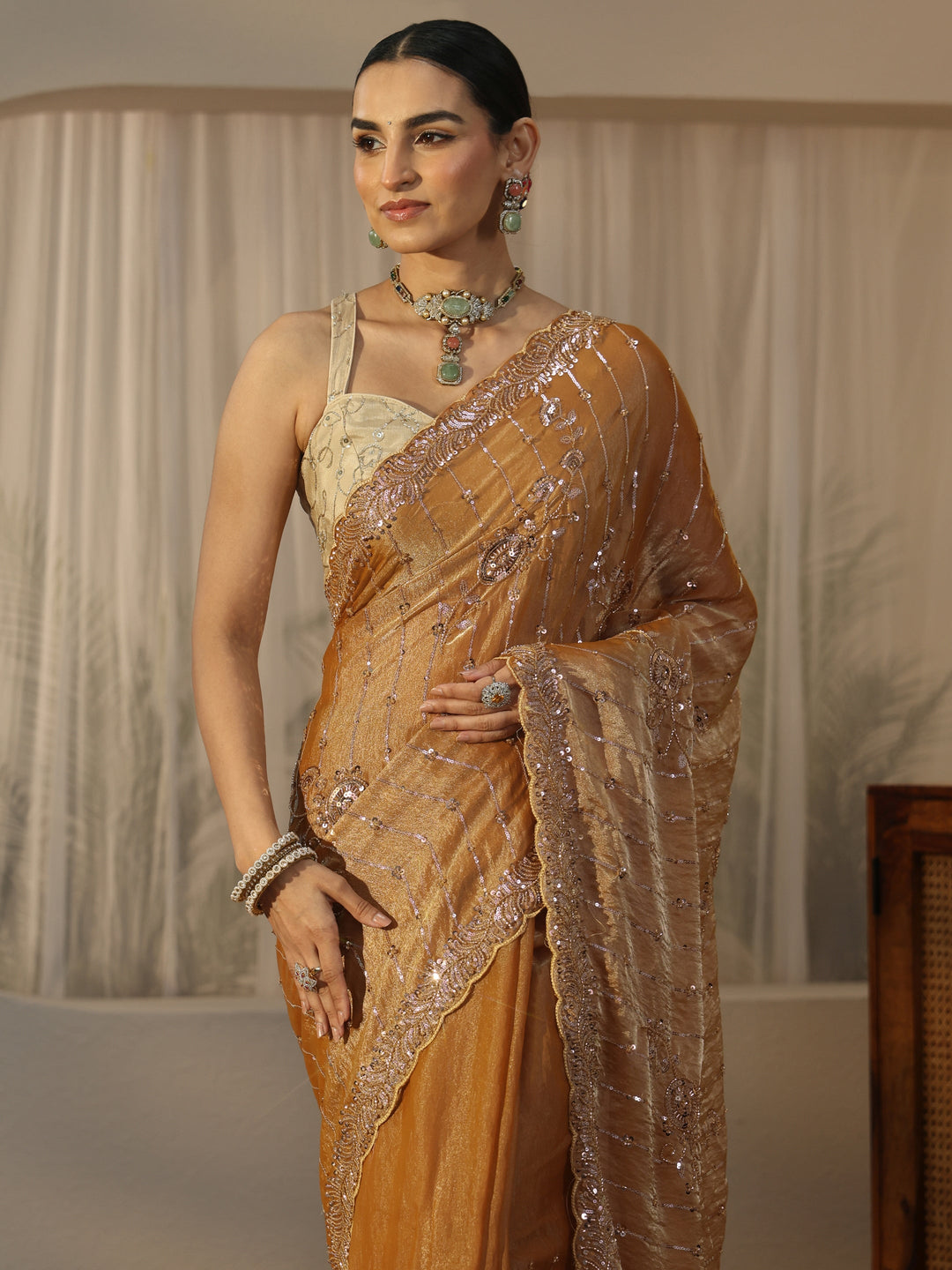  Libas Art Mustard Embellished Tissue Saree 