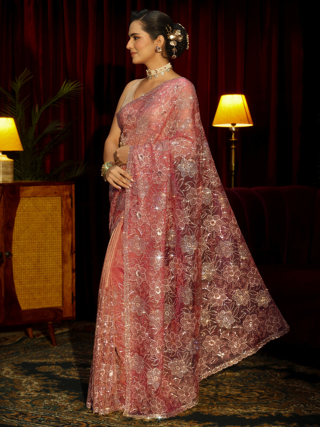  Libas Art Peach Pink Floral Embellished Tissue Saree 