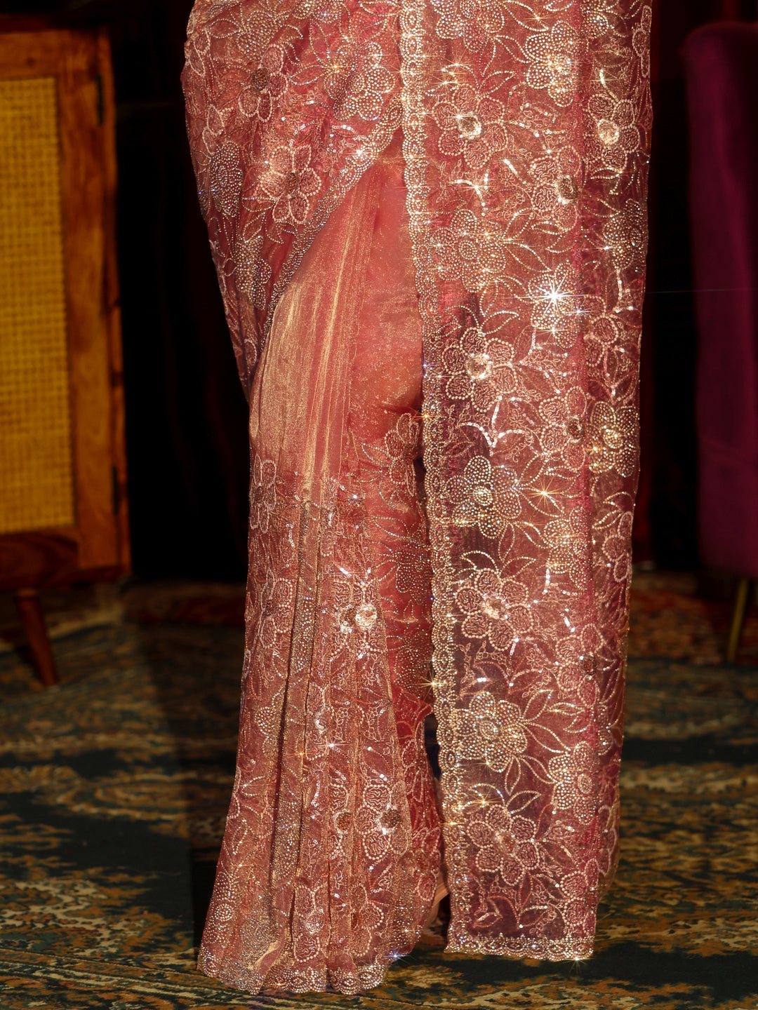  Libas Art Peach Pink Floral Embellished Tissue Saree 
