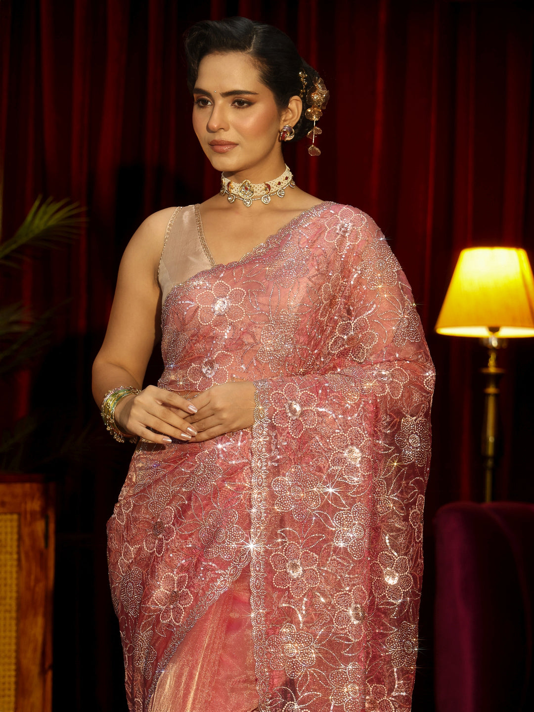  Libas Art Peach Pink Floral Embellished Tissue Saree 