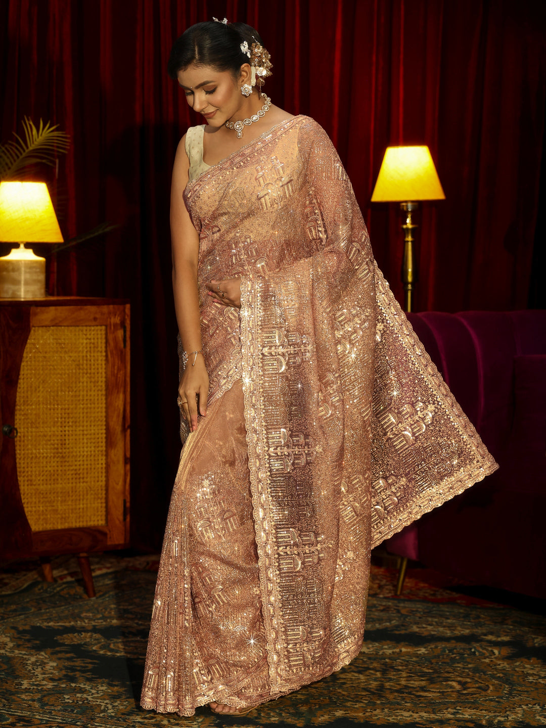  Libas Art Peach Sequin Embellished Tissue Saree 